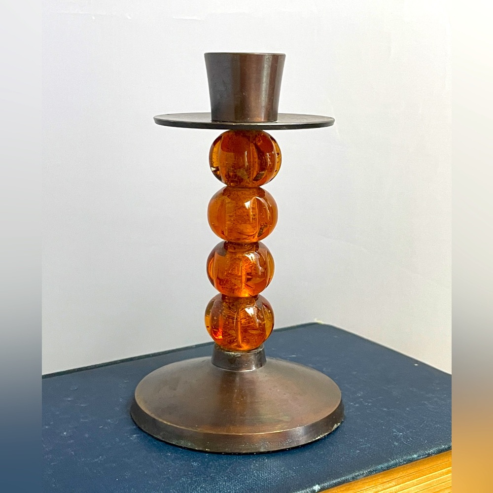 Amber Glass‎ Orb & Metal Candlestick for Taper Candles
